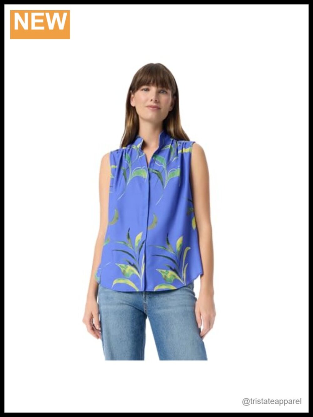 Sleeveless Printed Blouse Mandarin Collar Hidden Button Up Women's Top